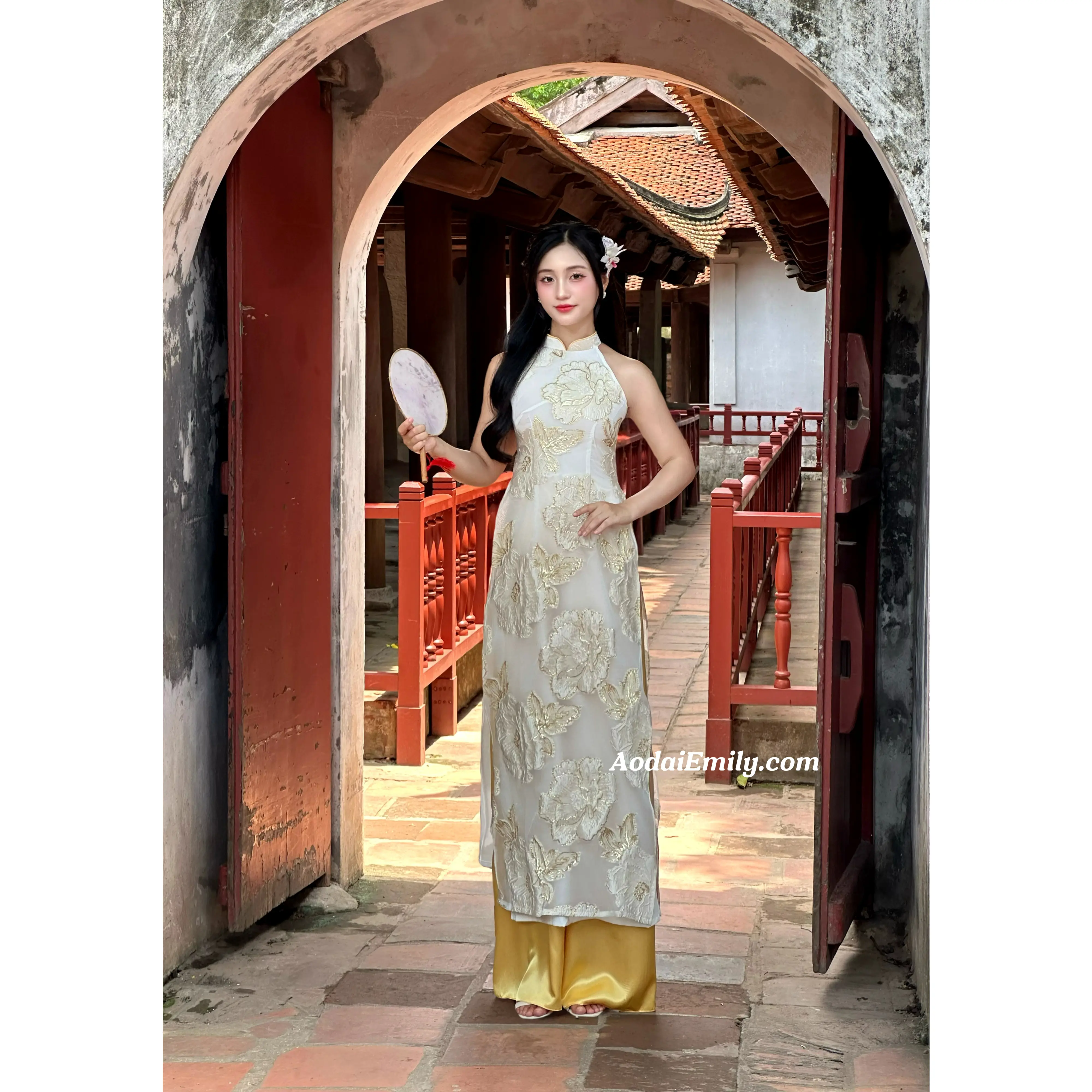 Cream/ Gold double layers sleeveless modern ao dai with roses| Addax