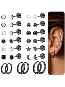 Attractive 15 Pairs Black Flat Back Stud Earrings for Women Men Glistening CZ 304 Stainless Steel Ear Jewelry Irritation-Proof Skin-Friendly Hoop Studs Helix Tragus Cartilage Accessory Assortment Perfect for Varied Layered Multi-ear Piercing Arrangements
