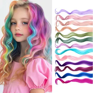 Lansigreen Rainbow Clip in Hair Extensions 12pcs 22inches Curly Synthetic Hair for Kids & Teens Neon Party Highlights Fun & Temporary Hair Color for Girls Women Party Events keratin tip