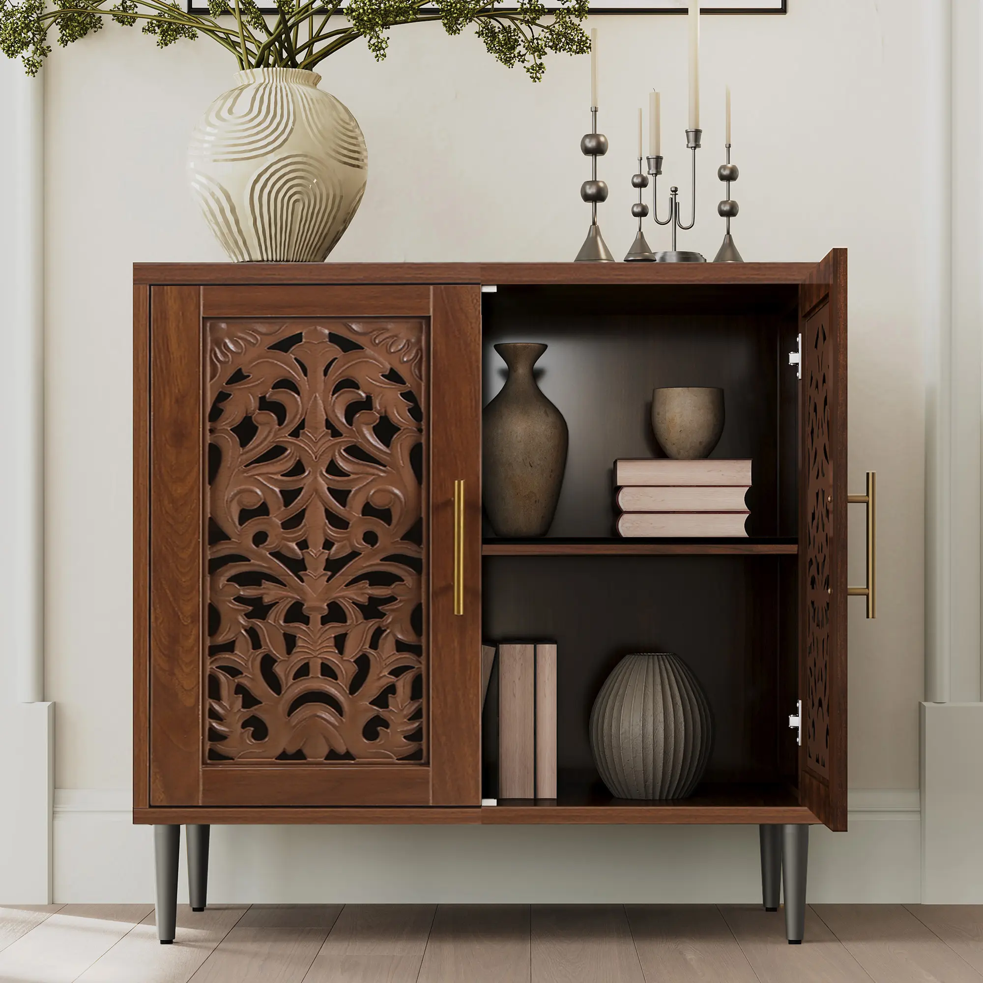 Aesthetic Vintage Hollow - Carved Buffet Cabinet - Sturdy Storage Sideboard with 4 Doors & 2 Shelves, Perfect for Kitchen, Dining & Living Room