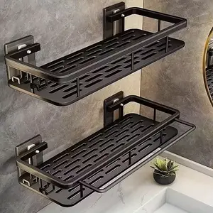 Wall-Mounted Storage Rack Set with 2 Hooks, Heavy-Duty Plastic No-Drill Adhesive/bolt Installation, Space-Saving Bathroom & Kitchen Organizer, Bathroom Organizing Accessories