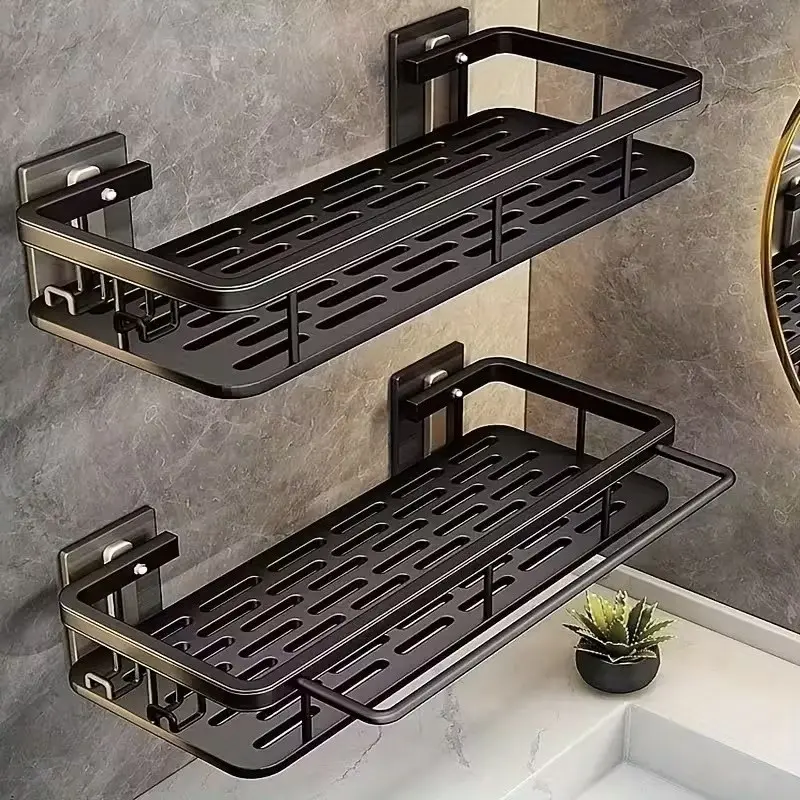 Wall-Mounted Storage Rack Set with 2 Hooks, Heavy-Duty Plastic No-Drill Adhesive/bolt Installation, Space-Saving Bathroom & Kitchen Organizer, Shower Shelf, Shower Organiser, Bathroom Organizing Accessories