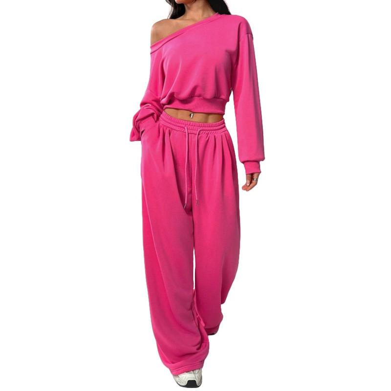 Two Piece Sets for Women Fall Sweatsuits Long Sleeve Off Shoulder Top Wide Leg Sweatpants Lounge Sets Tracksuit