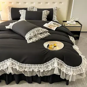 Chic Ruffle Lace Duvet Cover Set -Girl Black Bedding-3 Piece Queen Duvet Cover with Zipper Closure -Soft and Light Weight (Black,Full)