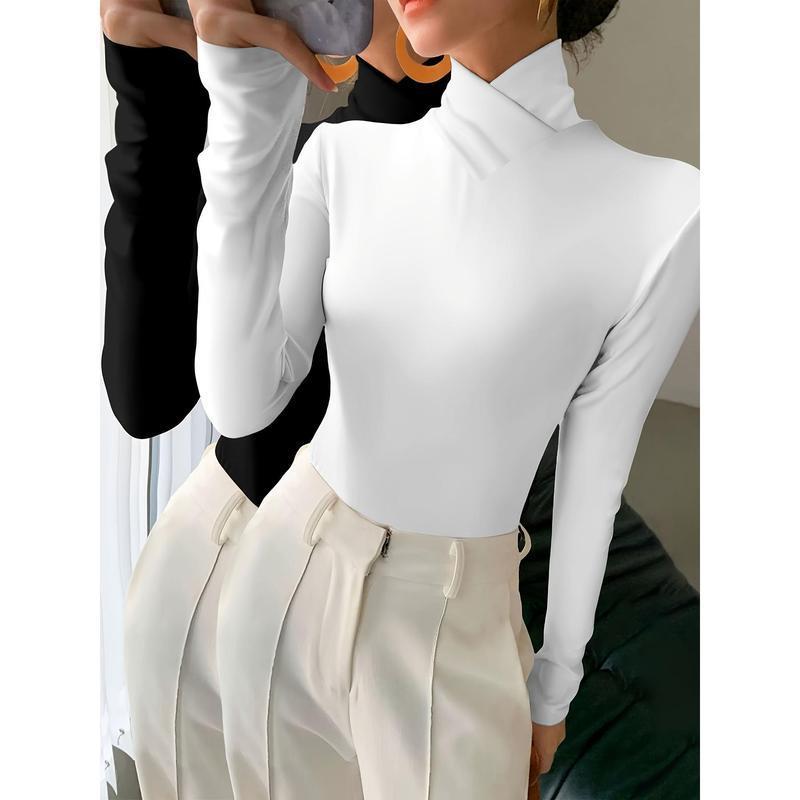 [Cross Detail Polyester Knit Tops] 2pcs High Neck Long Sleeve ...