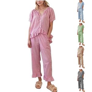 Women's Gingham Pajama Set 2 Piece 100% Cotton Plaid Pjs with Puff Sleeves Ruffle Babydoll Shirt & Lounge Pants Sleepwear for Casual Loungewear
