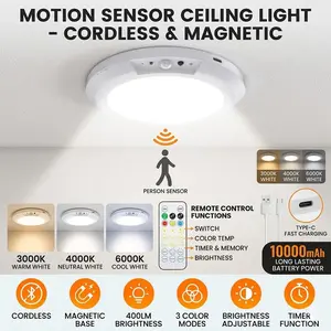 Rechargeable Motion Sensor Ceiling Light with Remote - Magnetic Wireless Battery Powered Ceiling Light for Closet, Shower, Stairs, Shed, Hallway, Porch, Patio etc.