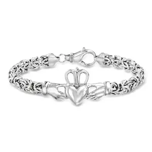 Silver Vintage Byzantine Link Claddagh Charm Bracelet, Fashion Claddagh Bracelet, Byzantine-Style Fashion Bracelet, Comes with Gift Box