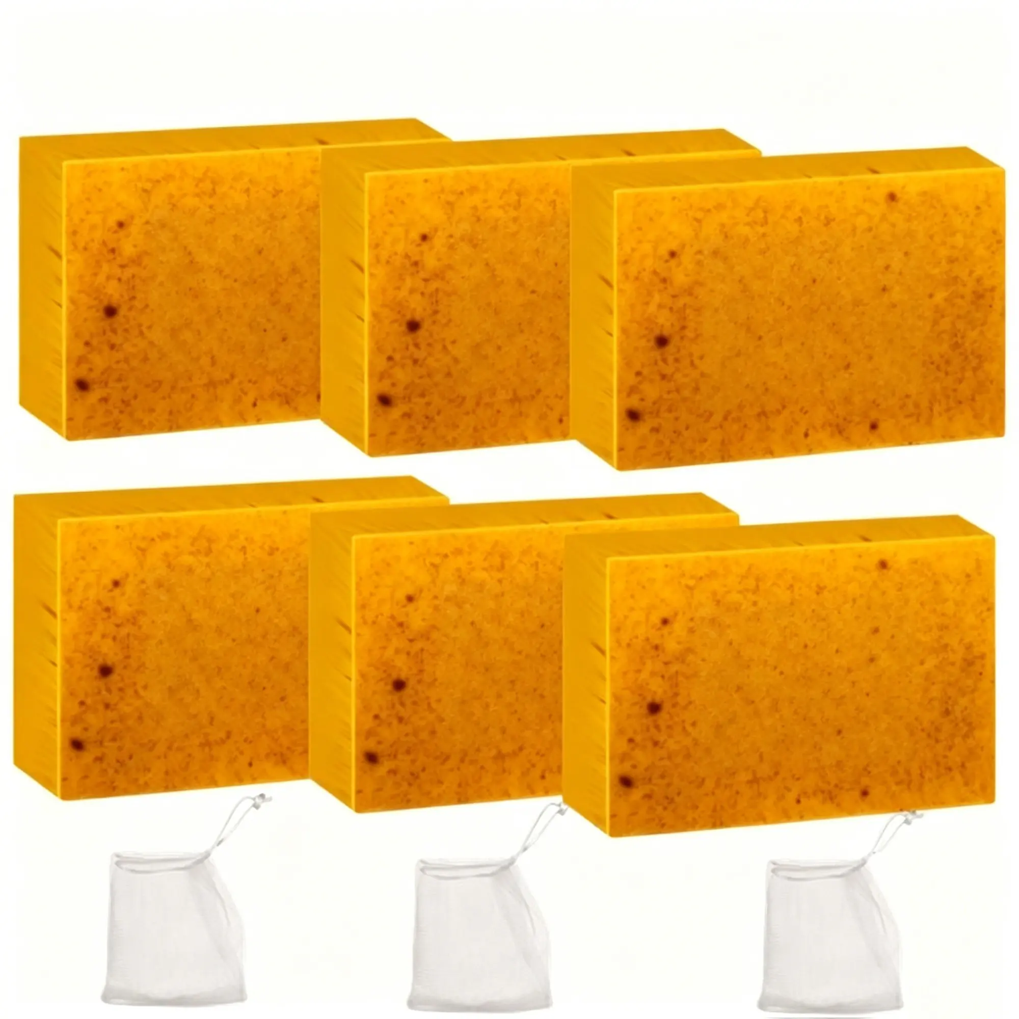 Turmeric & Kojic Brightening Soap with Foaming Mesh, 6 Counts/set Mild Cleansing Body Wash Soap Bar, Body Care Soap for Men & Women, Turmeric Spots Soap, Skin Care Soap, Turmeric Beauty Soap, Glowing Skin Soap