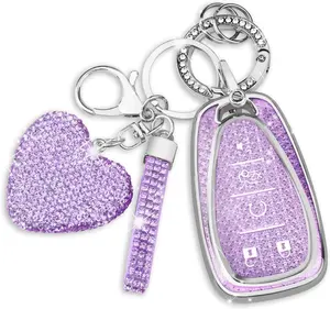 for Chevy Key Fob Cover with Diamond Keychain, 5 Button Key Case for Women for Chevrolet Equinox Malibu Camaro Blazer Cruze Traverse Trax Volt Bolt 2016-2023 Key Accessories(Purple Heart)