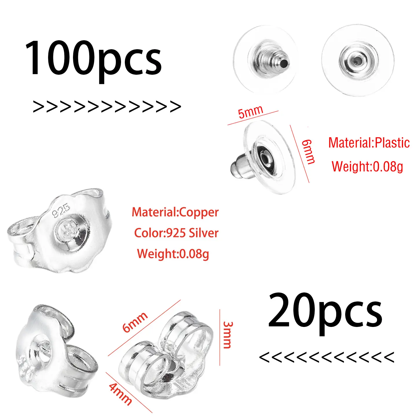 120pcs Earring Backs Set, 100pcs Clear Rubber Earring Stoppers + 20pcs Gold/Silver Butterfly Earring Backs, Anti-Lost Earring Backs for Studs