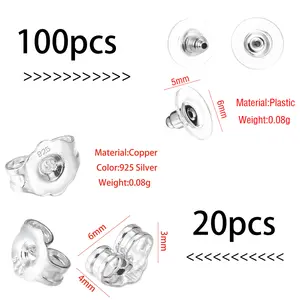 120pcs Earring Backs Set, 100pcs Clear Rubber Earring Stoppers + 20pcs Gold/Silver Butterfly Earring Backs, Anti-Lost Earring Backs for Studs