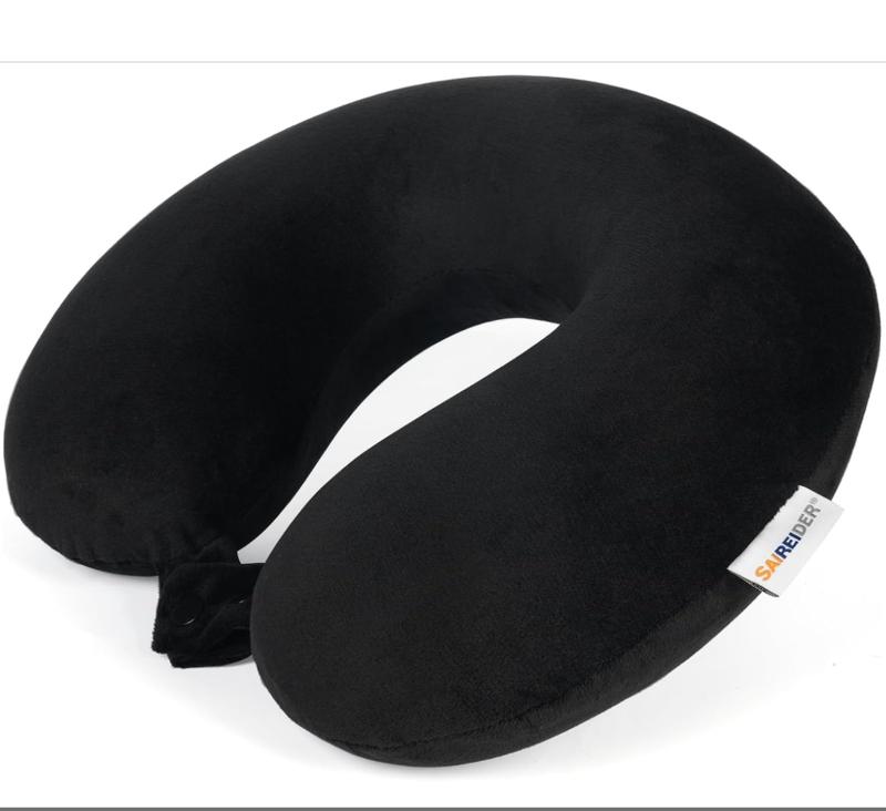 SAIREIDER Travel Pillow 100% Pure Memory Foam Travel Neck Pillow, Airplane Pillow for Traveling、Car、Home、Office，Washable Cover（Black）
