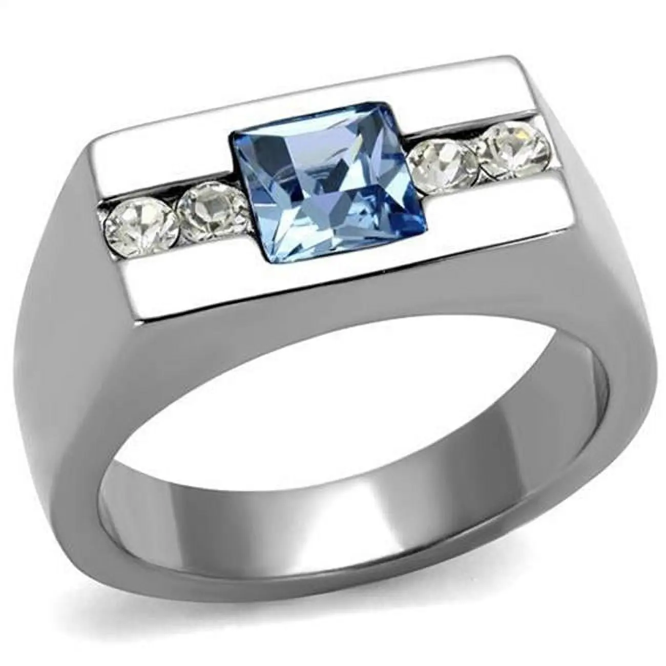 212 MAIN Men's High-Polished Stainless Steel Single Band Aquamarine Ring with Top-Grade Crystal Accent, Size 13, Fashion Rings