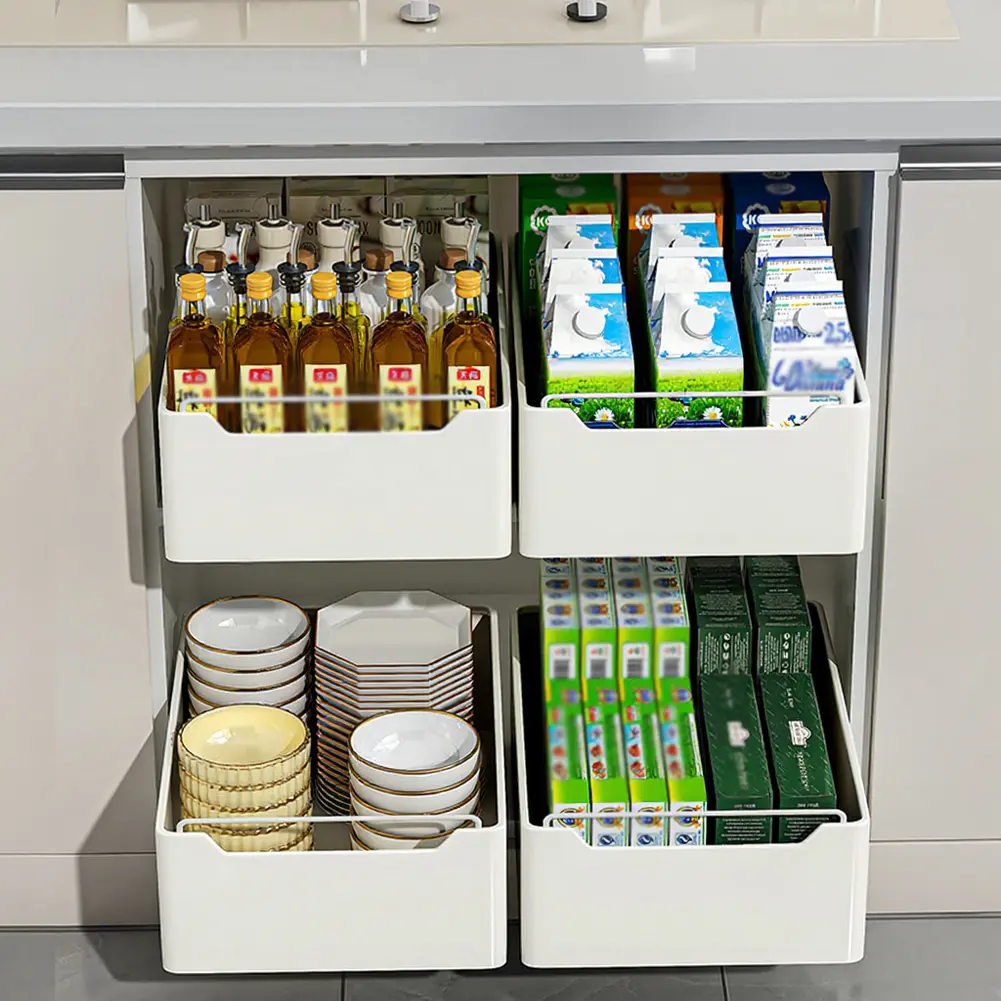 Garvee Pull Out Cabinet Organizer Adhesive Sturdy Carbon Steel Roll-Out Drawers Slide Out Under Sink Organizer Metal Pantry Pull Out Shelves For Kitchen Bathroom