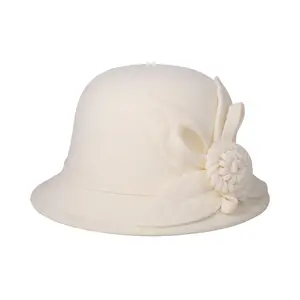 Women’s Vintage Cloche Hat with Floral Accent, Dome Crown Wide Brim Dress Hat for Church, Party & Business Casual, Elegant Polyester Fashion Hat (One Size 56–58cm)