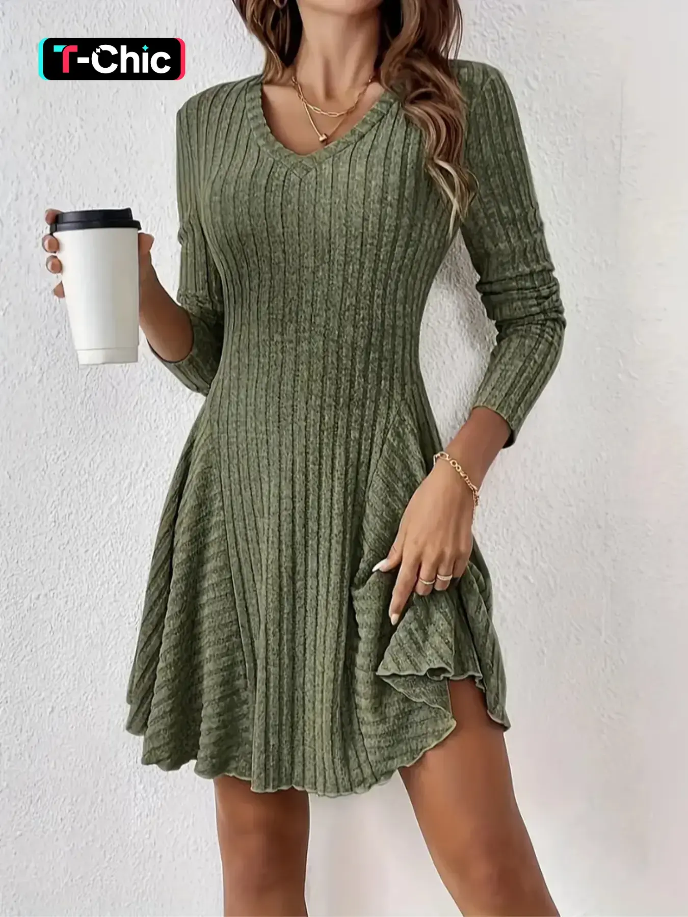 Women's Plain Lettuce Trim V Neck A Line Fabric Dress, Casual Long Sleeve Short Dress Fit for Fall & Winter, Ladies Clothes for Daily Wear Piece A Line Dresses