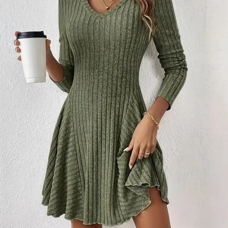 Women's Plain Lettuce Trim V Neck A Line Fabric Dress, Casual Long Sleeve Short Dress Fit for Fall & Winter, Ladies Clothes for Daily Wear Piece A Line Dresses