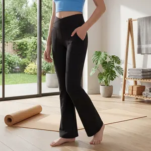 Girls' High Waisted Cross Flare Leggings with Pockets - Soft Stretchy Black Pants for Kids Child Yoga Dance Practice, Comfortable Breathable Activewear for Play, School, and Casual Wear, Perfect for Toddlers and Little Girls