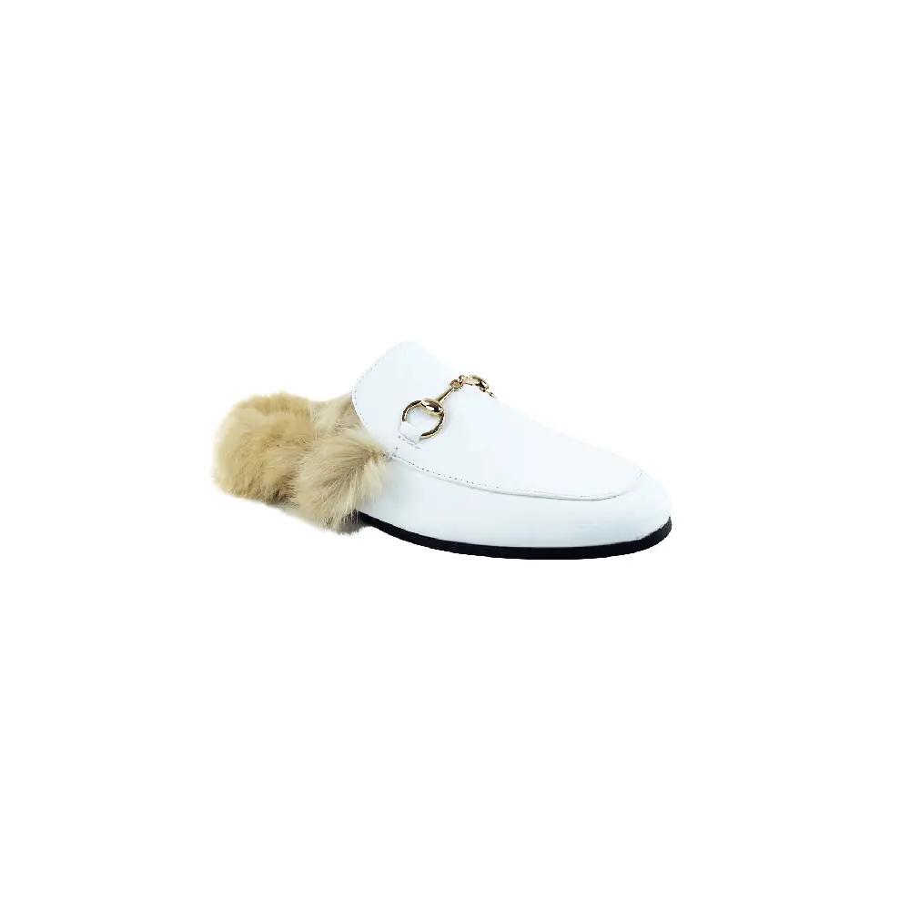 Mens Leather White Backless Faux Fur Slip On Loafers Boat Shoes Moccasin By AZARMAN
