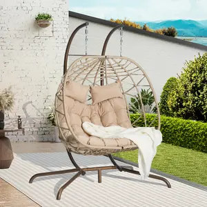 Summervibes Large Black PE Wicker Hanging Egg Chair with Double Metal Covered Stand, Round Rattan Basket Hammock, UV-Resistant Cushions, 600 lbs Load Capacity, Outdoor Porch Swing, Patio Furniture for Bedroom Balcony