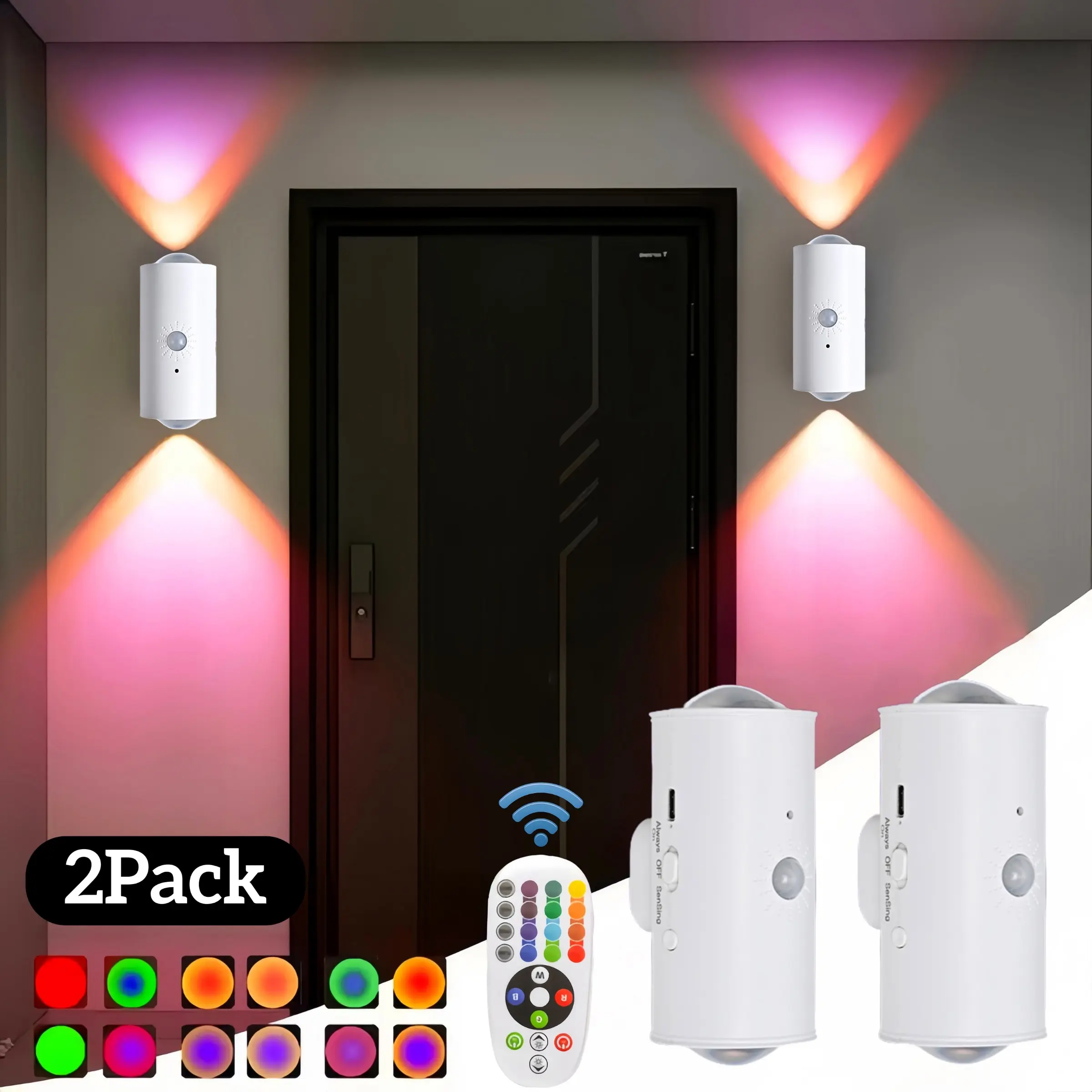 2 intelligent LED night lights, with remote control and motion sensor, RGB color adjustable wall lamp, rechargeable Smart Night Light, Led Nightlight, indoor ambient lighting lamp, staircase corridor lighting lamp, bedroom, Home Night Lamp