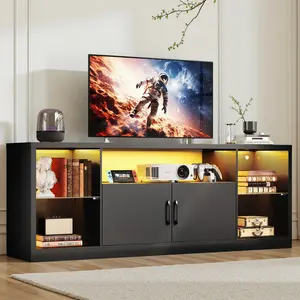 IRONCK 80in TV Stand - Modern Black Furniture with Power Outlet, LED Lights, Carbon Fiber Finish, Storage Cabinets, Adjustable Glass Shelves for Living Room Tv Unit