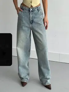Women's Basic Urban Casual Straight Leg Denim Jeans, Fitted Natural Waist, Plain Pattern, Long Regular Fit, All Seasons Fashion