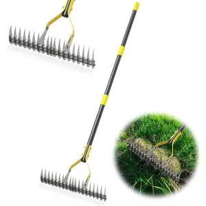 Thatch Rake 4.5FT Dethatcher Rake with Long Handle 19-Tine 15" Wide Lawn Yard Tool for Dead Leaf Grass Loosing Soil