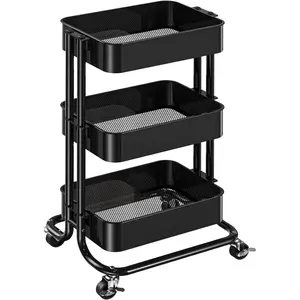 3 Tier Metal Rolling Utility Cart, Heavy-Duty Storage Rolling Cart with 2 Lockable Wheels, Multifunctional Mesh Organization Utility Cart for Kitchen Dining Room Living Room (Black)