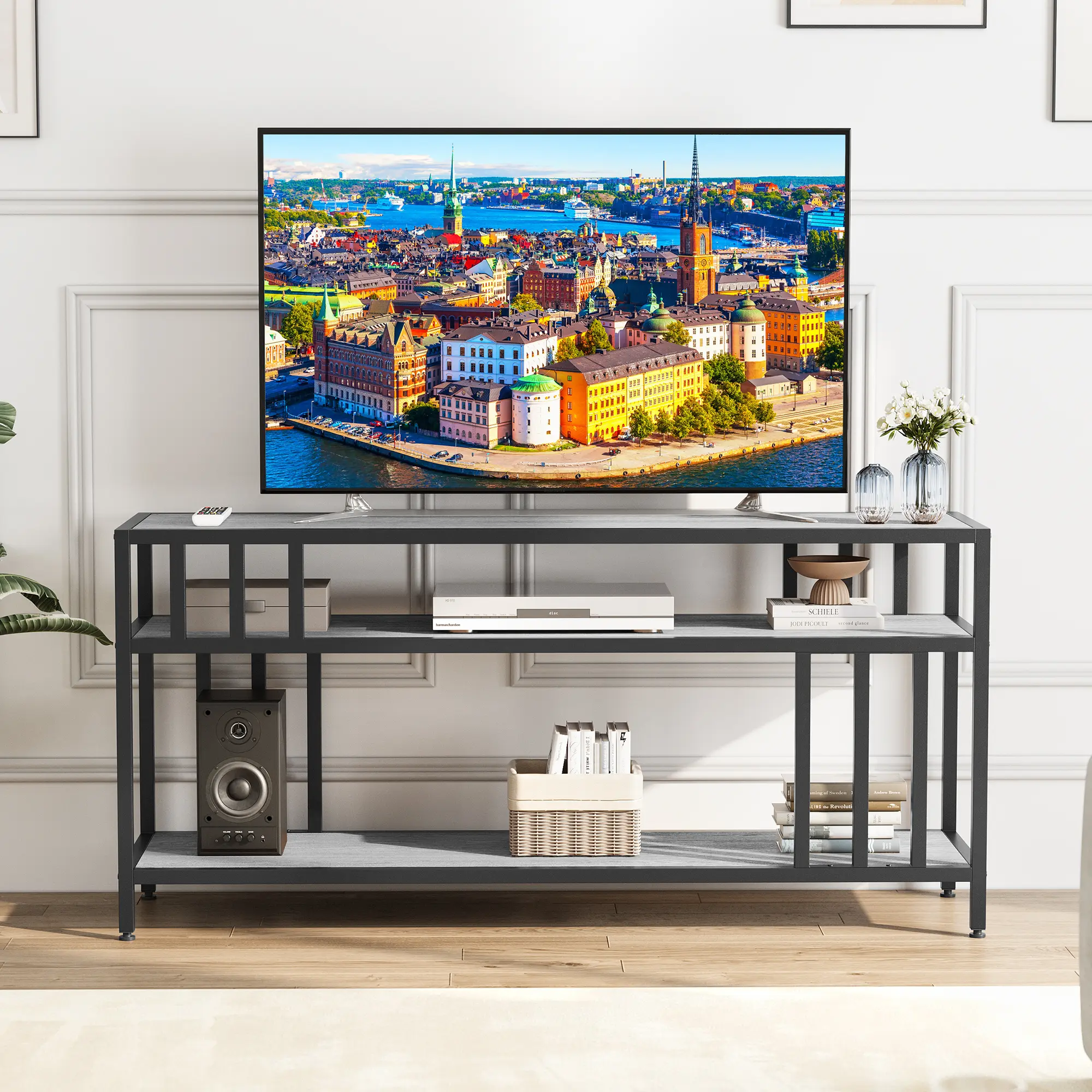 65-75 Inch Rustic Farmhouse TV Stand - Wooden TV Console, Heavy-Duty Metal Frame Media Cabinet with Open Storage Shelves, Adjustable Legs, Easy-Assembly Living Room Furniture, Tv Cabinet