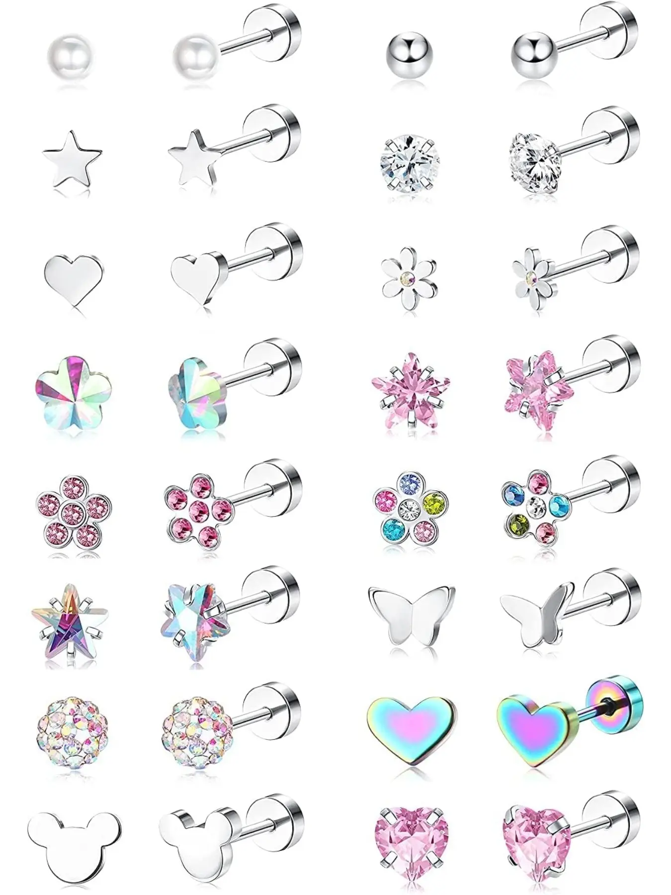 16 Pairs Screw Back Earrings Stud for Girls Women Stainless Steel Studs Small Cartilage Earrings Set Tiny CZ Heart Flower Star Screwback Flat Back Stud Earrings Tragus Helix Earrings Multicolored Stud Earring Jewelry