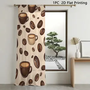 1pc Coffee Bean and Cup Print Sheer Window Curtain, Semi-Transparent Soft Light Filter, Easy Care Polyester, Modern Cartoon Theme, Kitchen, Coffee Shop, Living Room, Bedroom