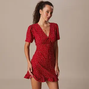 The Red V Neck Polka Dot Flounce Mini Dress Casual Summer
