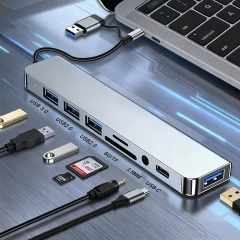 USB C Hub Type C to PD Data Ports TypeC Multiport Adapter Revodok Docking Station 10 in 1 Extender 4USB Ports TF/SD Card Reader 3.5mm Audio Jack C Port Dual USB A/C Input Dongle for iPhone/Samsung/Macbook Air Pro/iPad Pro/XPS Computer Camera data transfer
