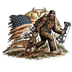 Bigfoot Deer Hunting Sticker, Funny American Flag Hunter Vinyl Decal for Trucks, Coolers & Laptops, Waterproof Outdoor Hunting Gear Gift