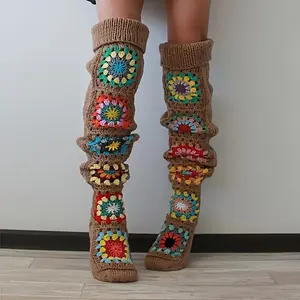 Boho-Chic Crochet Knit Extra Long Stockings For Women - Colorful Floral & Geometric Patterns, Warm Autumn/Winter Hosiery Bridal Maternity