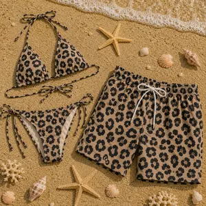 Bold Leopard Print Bikini Set & Men’s Swim Shorts – Trendy Animal Pattern, Summer Beachwear Style, Eye-Catching Design for Confident Beach Looks
