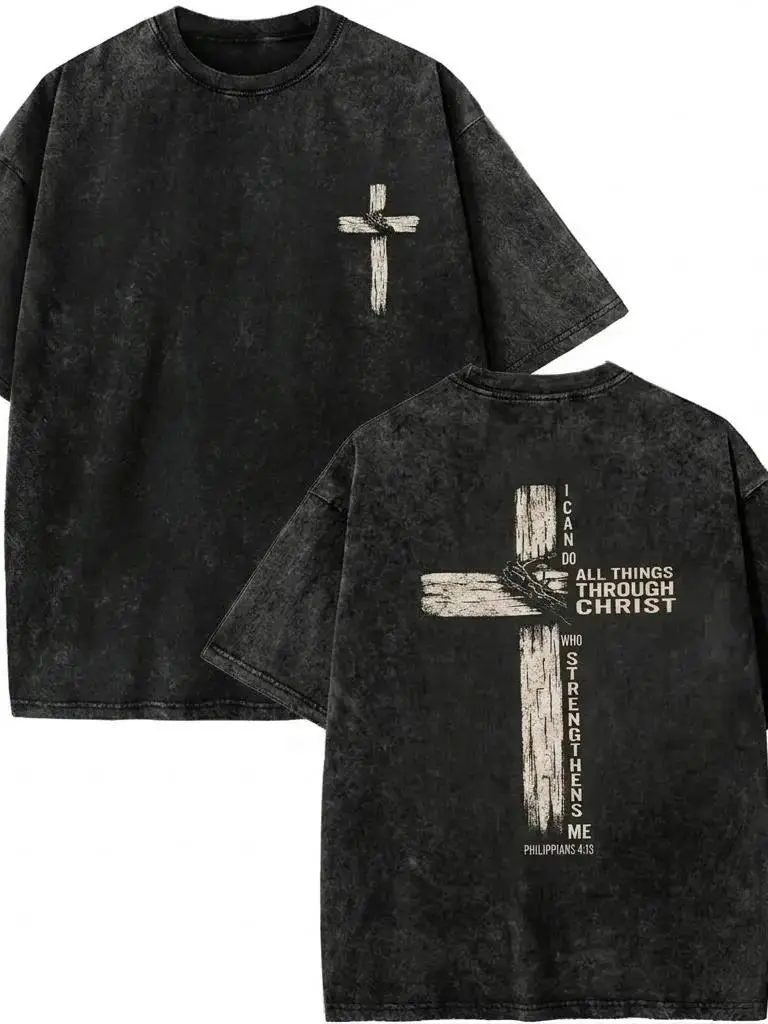 Men's 100% Cotton Breathable Loose-Fit Casual Washed Short-Sleeve T-Shirt - Premium-Quality Crew Round Neck, Double-Sided Faith Quote Philippians 4:13 Christian Cross Graphic Unisex Menswear Tops with Hem
