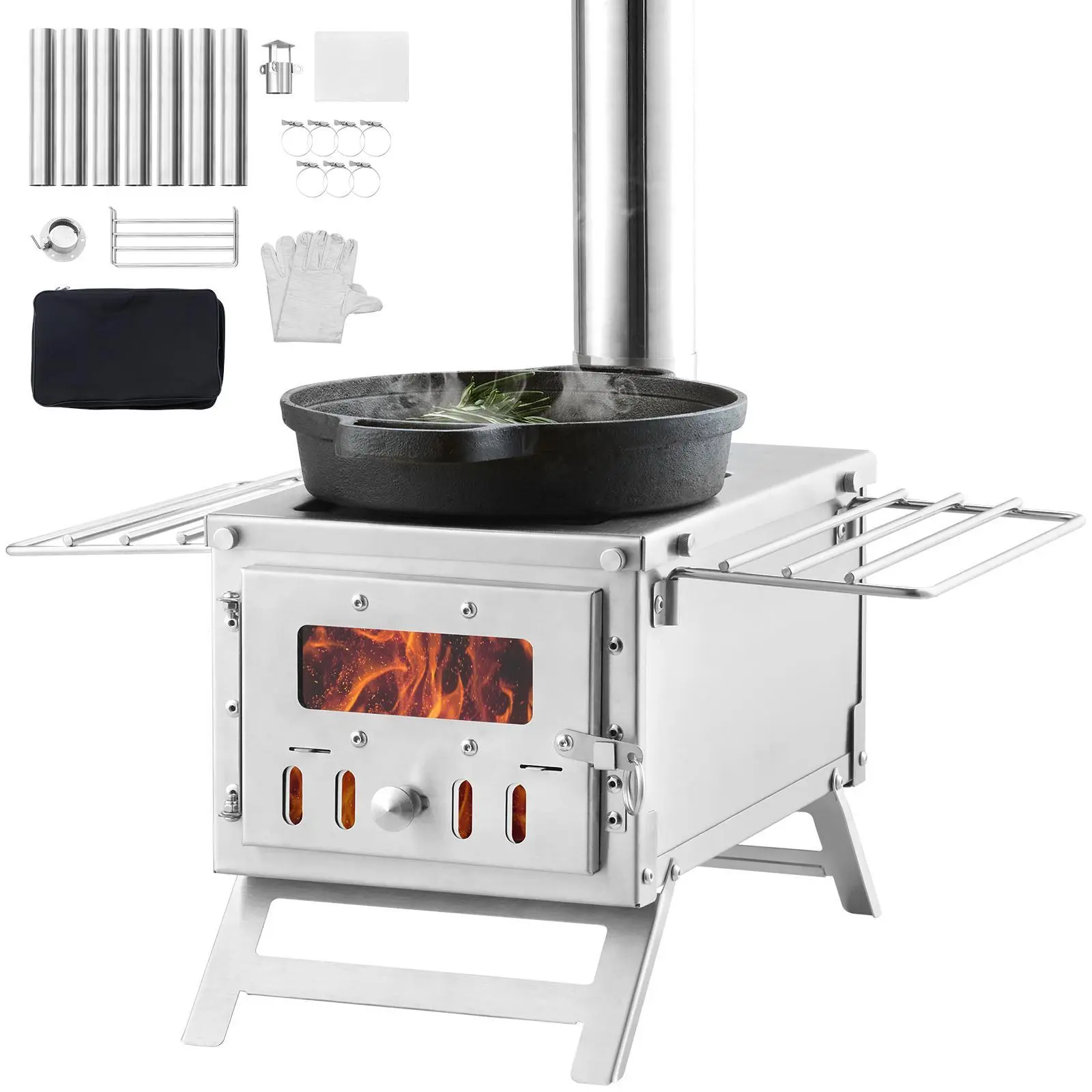 【SummerFinds】VEVOR Wood Stove,  , 80 inch, Stainless Steel Camping Tent Stove, Portable Wood Burning Stove with Chimney Pipes & Gloves, 700in³Firebox Hot Tent Stove for Outdoor Cooking and Heating with 8 Pipes