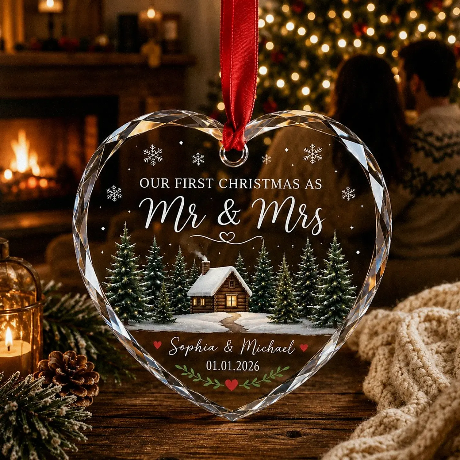 First Christmas Married Ornament, Custom Mr and Mrs Keepsake Personalized Winter Cabin ornament Newlywed Gift, Couple Ornament Gift for Wife