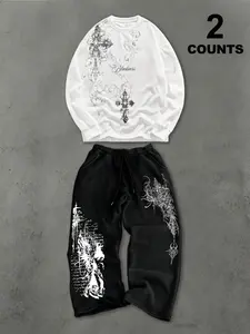 Men's Gothic Style Two-Piece Matching Set, Gothcore Blackness Cross Emblem Waffle Long Sleeve Sweatshirt & Dark Angel Print Wide Leg Pants