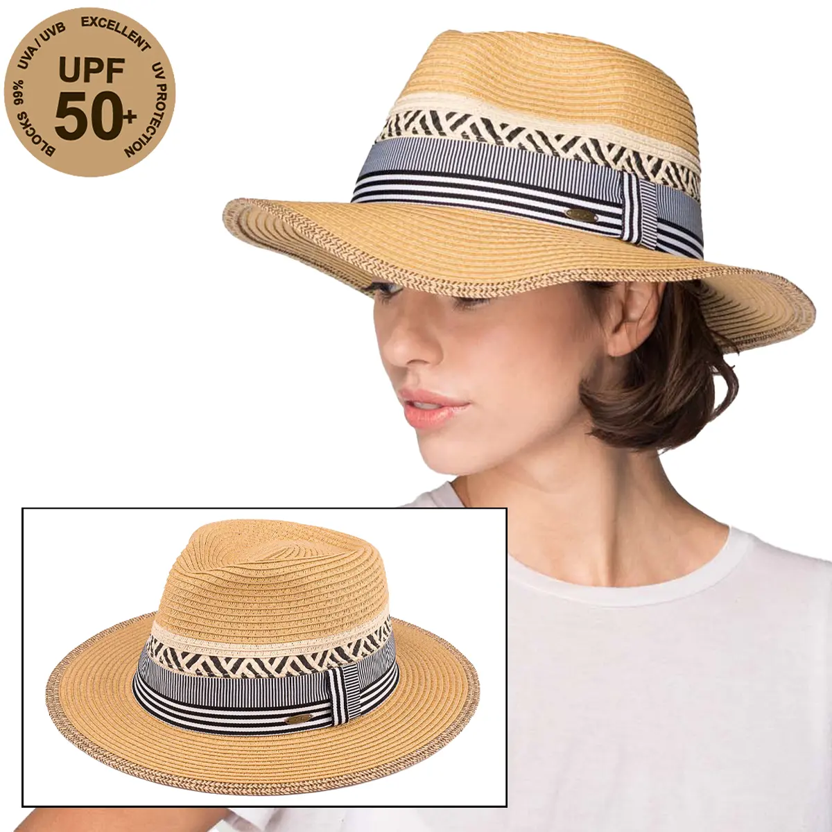 C.C Bucket Style Paper Hat with Striped Trim for Women straw