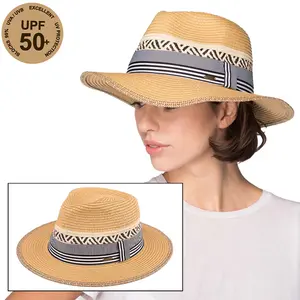 C.C Bucket Style Paper Hat with Striped Trim for Women straw