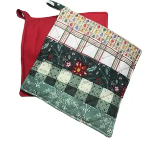 Handmade Quilted Christmas Pot Holders Set of 2 with Festive Patterns and Red Accents for Holiday Cooking