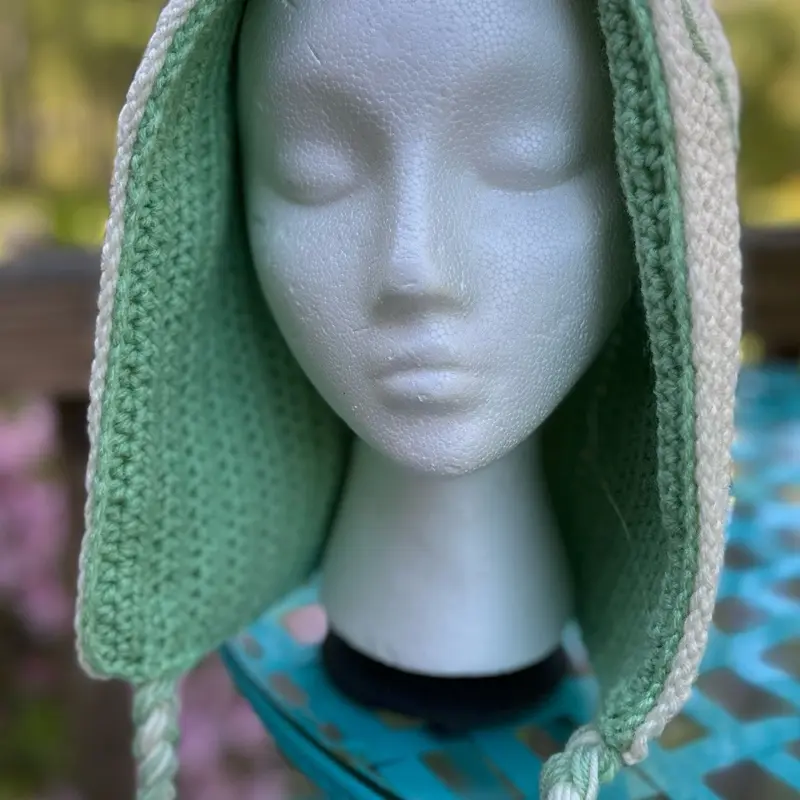 Whimsical Hand Crocheted Hat for Renaissance Festival and Cosplay, Featuring Green and Cream Colors, Soft Knit Design