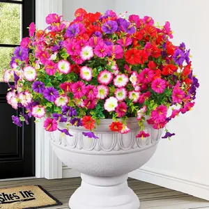 20 Bundles Artificial Flowers UV Resistant, 8 Purple + 6 Pink + 6 Rose Red Mixed Fake Flowers, Faux Plastic Greenery for Indoor Outdoor Home Decor, Window Box, Hanging Basket, Yard Front Porch Patio All-Season Decoration