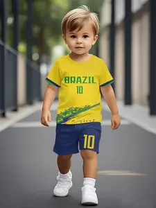 Yellow and green color-blocking short-sleeve set for boys, featuring football sports and casual printed designs for infants and toddlers. Casual kids' clothing for babies, suitable for daily wear and outdoor sports T-shirts. 100% polyester, a perfect gift