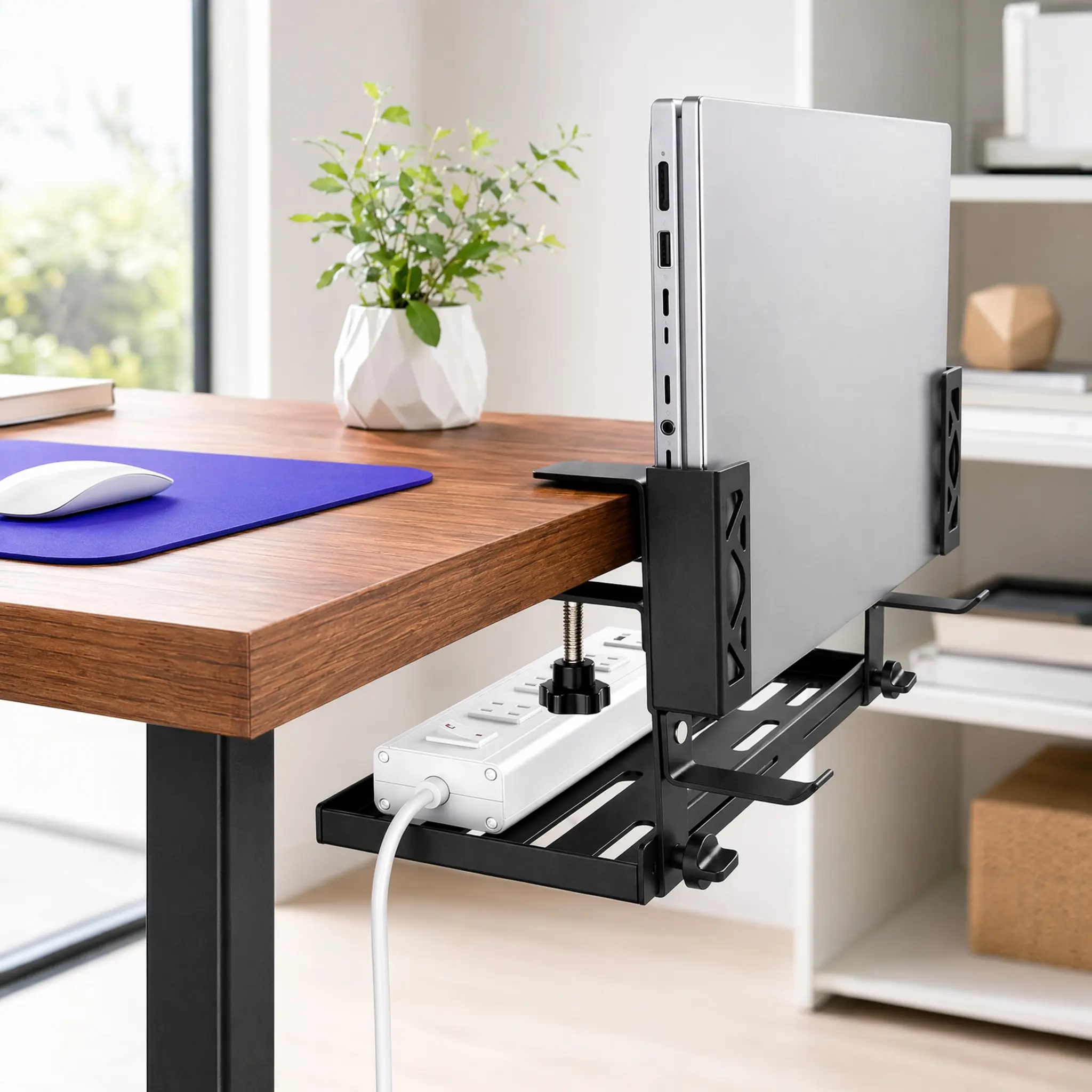 Modern Metal Adjustable Under Desk Laptop Holder with Cable Tray, Desk Side Storage Mount for Office, Gaming Use