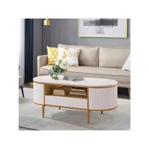 Modern Luxury Fluted Coffee Table, 48" Coffee Table With Storage Drawer, Oval Coffee Table With Golden Legs, Faux Marble Top, Modern Coffee Table For Living, Reception Room, Home Office